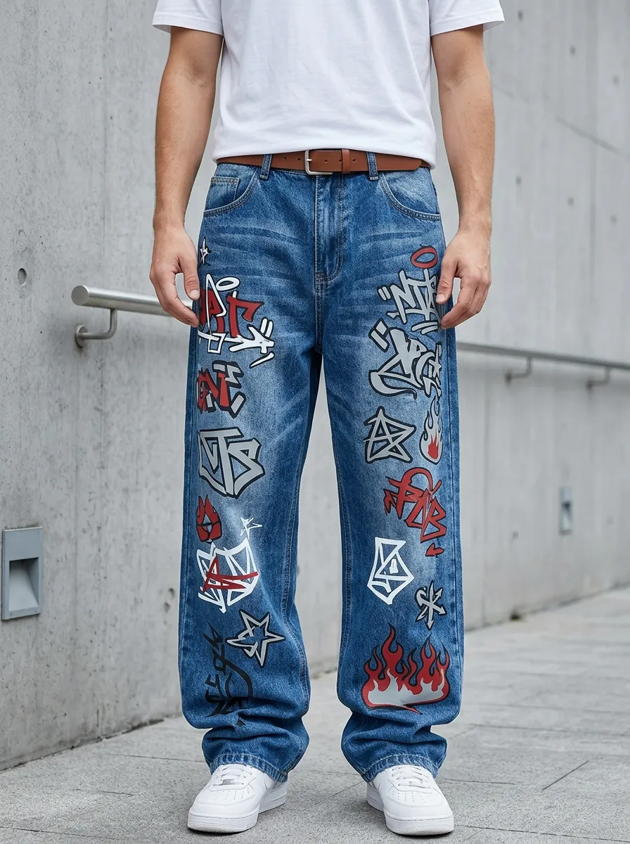 Unisex Modern Streetwear Graffiti Flame Jeans