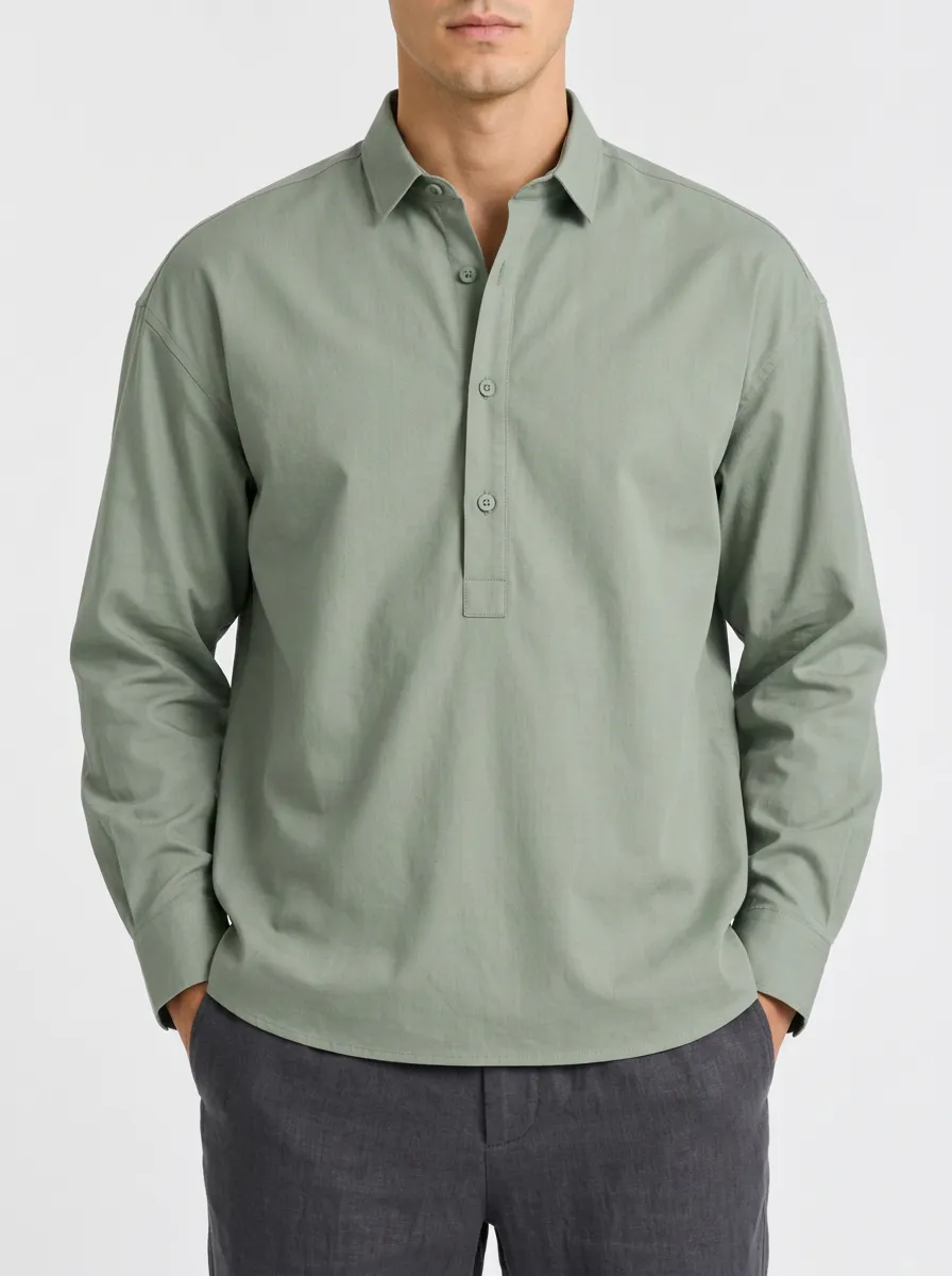 Sage Green Shirt with Classic Collar and Plain Styling