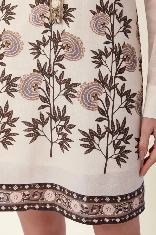 Beige Floral Embroidered Tunic Dress