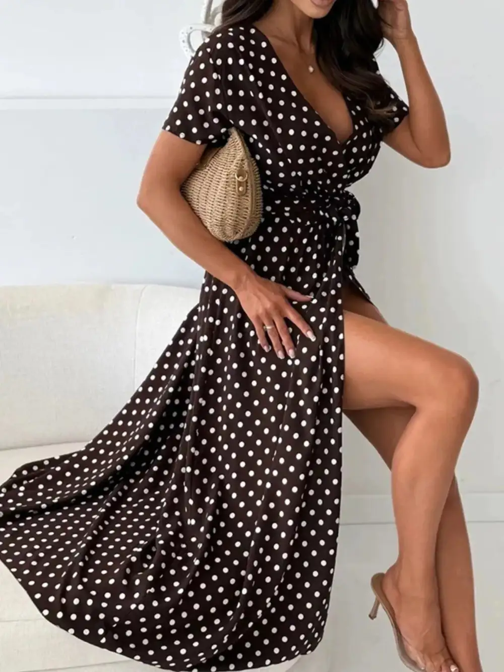 Polka Dot Surplice Maxi Dress With Slit