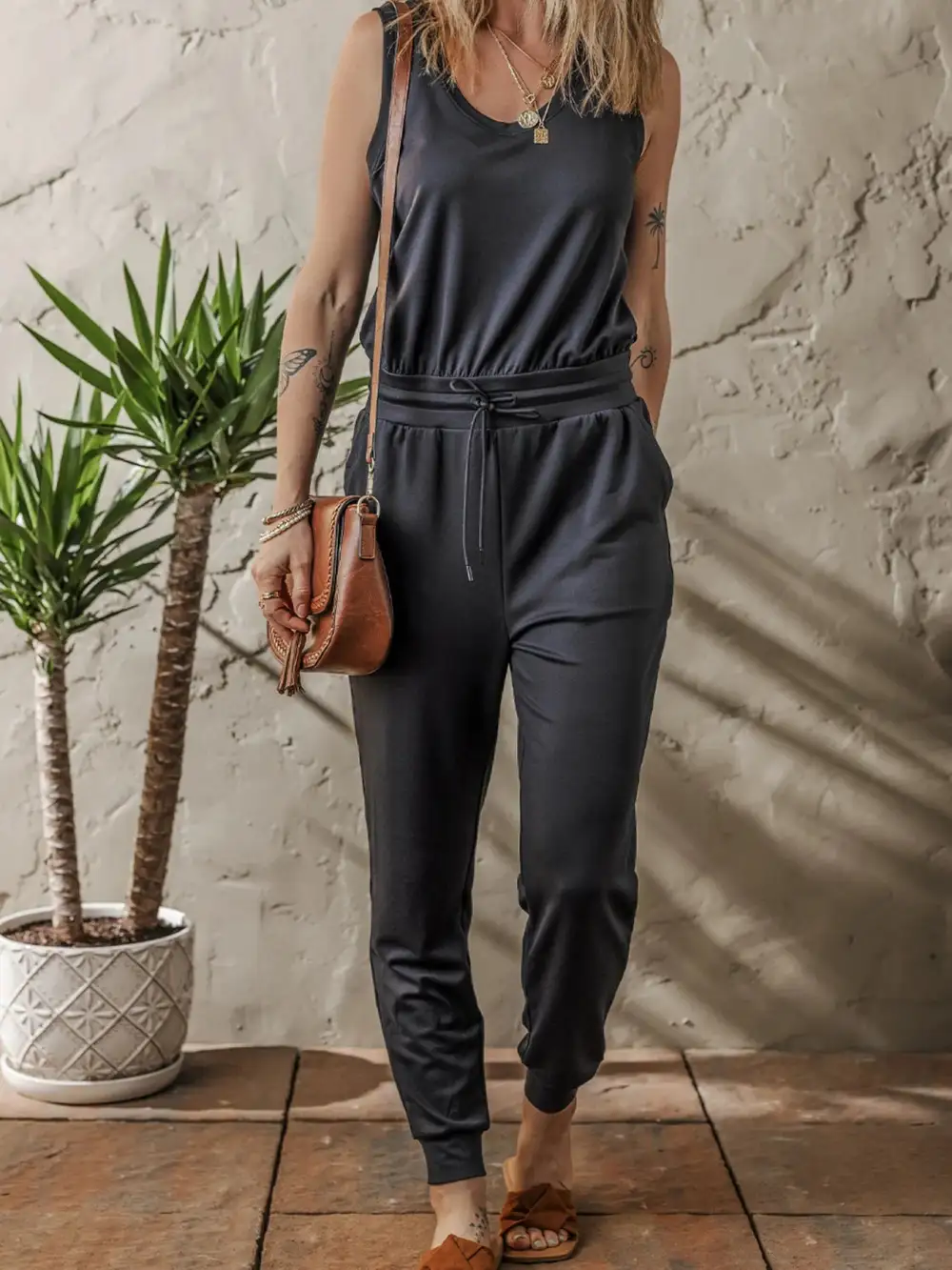 Tie Waist Sleeveless Jumpsuit Jogger Pants