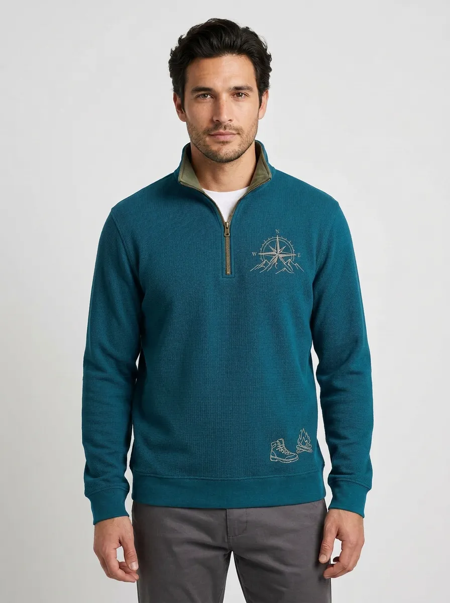 Men's Embroidered Compass Detail Quarter Zip Sweatshirt