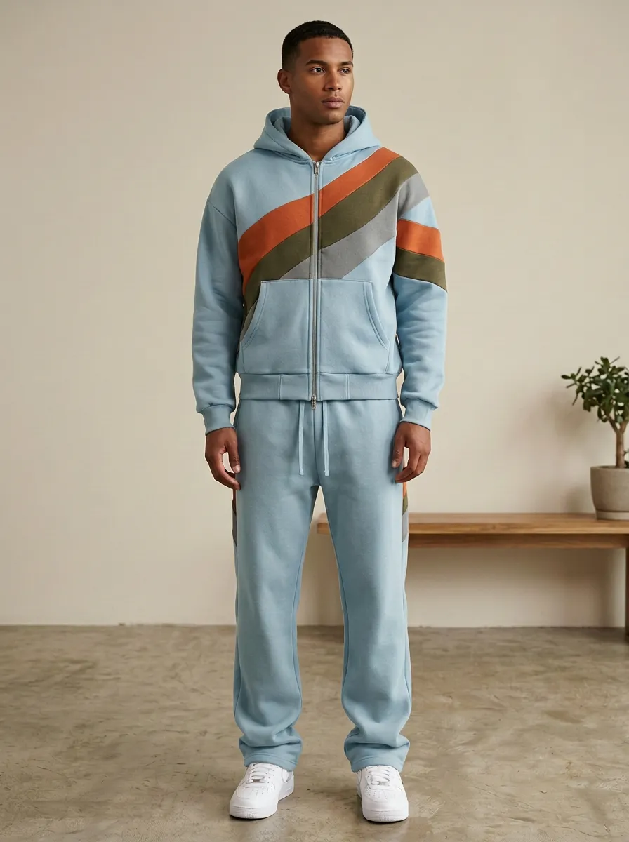 Men's Retro Stripe Pattern Printed Hooded Tracksuit Set