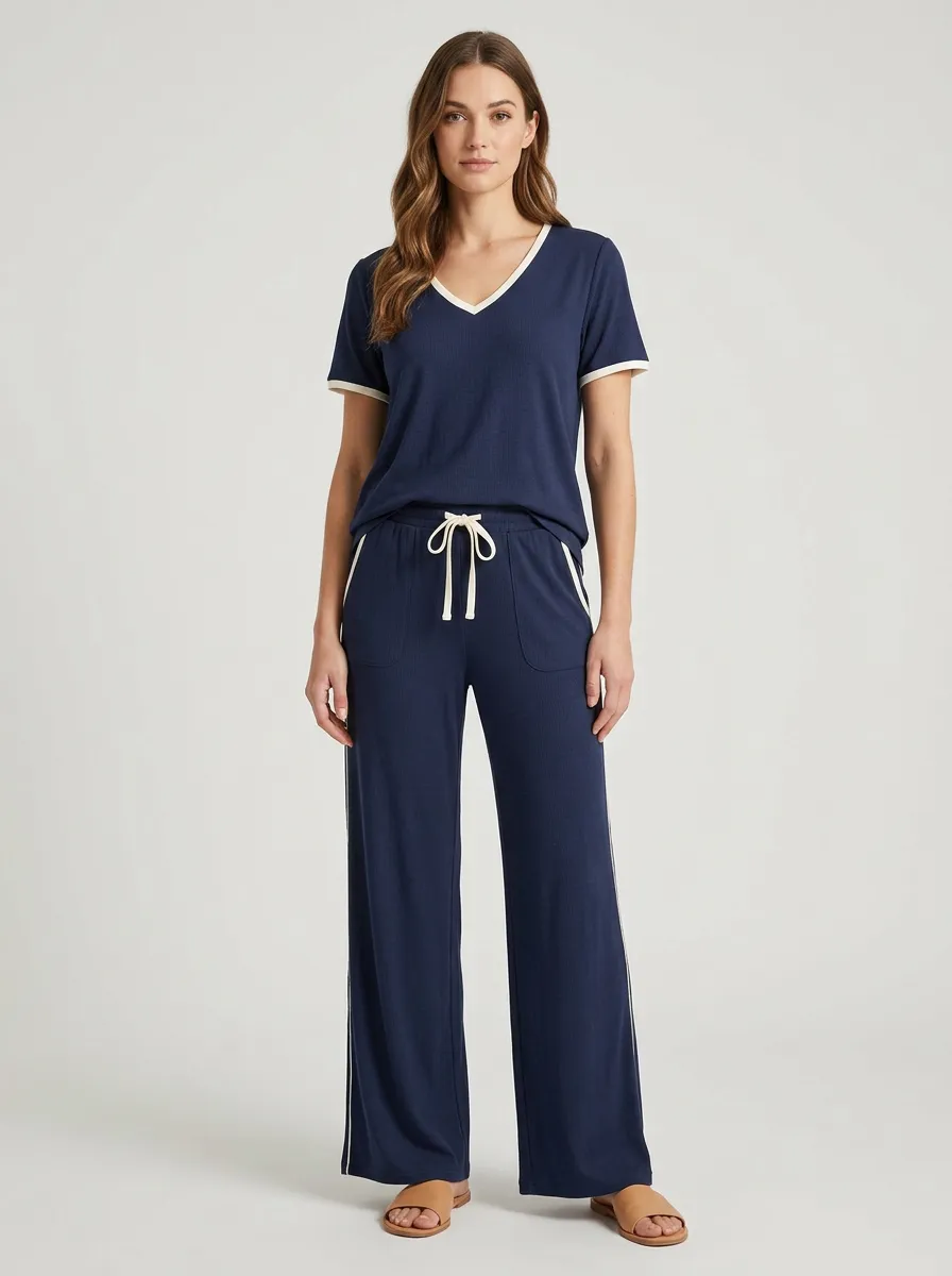 Women's Side-Stripe V-Neck T-Shirt and Wide-Leg Pants Set