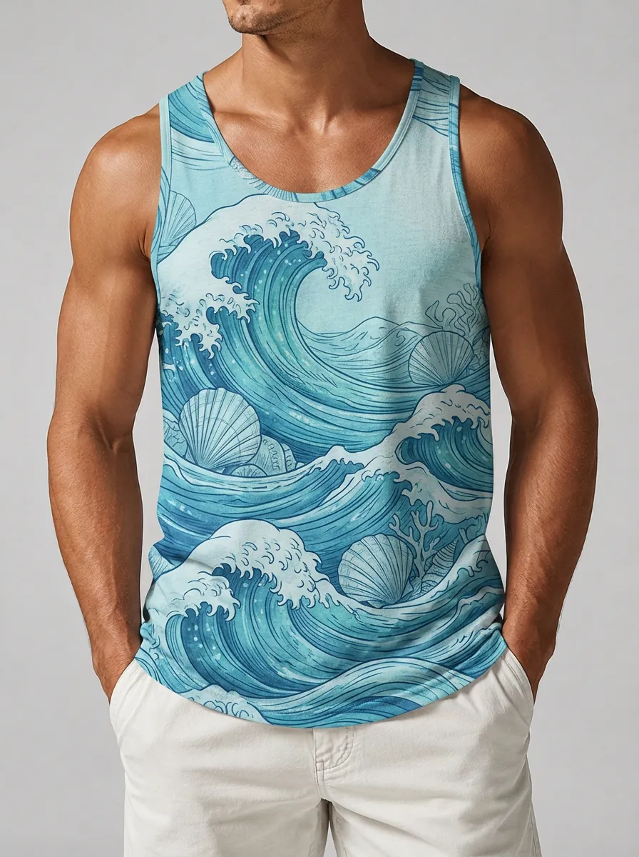Men's Wave Print Sleeveless Tank Top