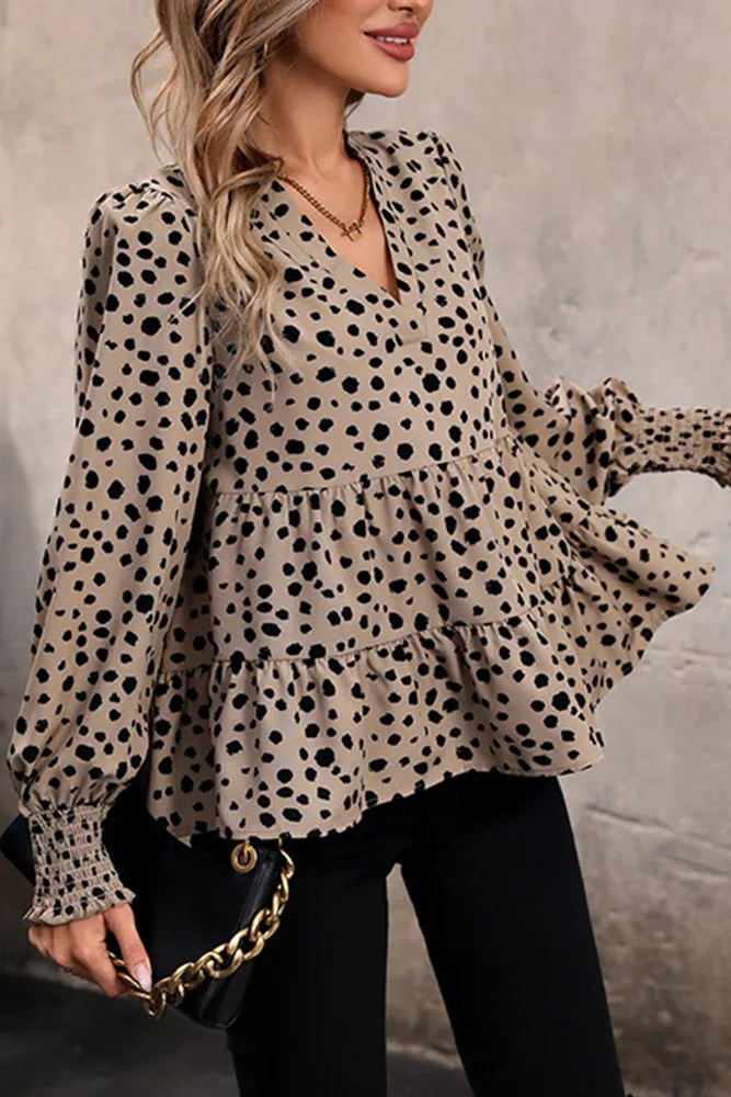 Khaki Leopard V Neck Babydoll Blouse