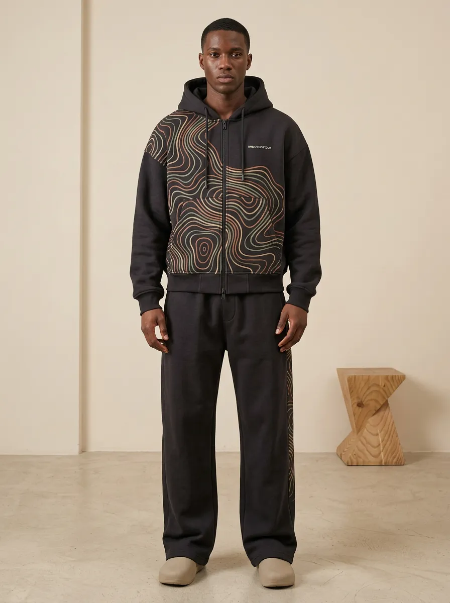 Men's Urban Streetwear Topographic Pattern Printed Hoodie Tracksuit