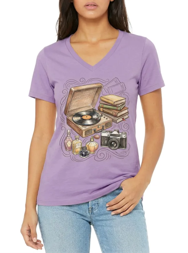 Women's Vintage Aesthetic Record Player Books Camera Printed V-neck T-shirt