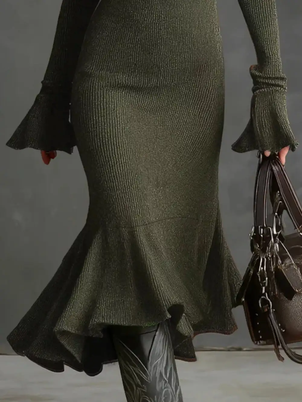 Ribbed Knit Zip Front Midi Dress