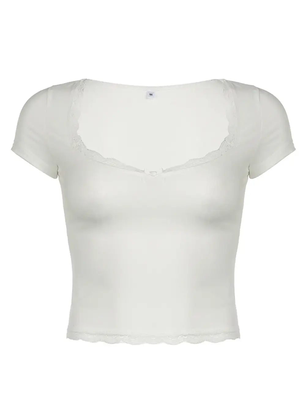 Short-Sleeve Bow-Detail Lace-Detail Cotton T-Shirt