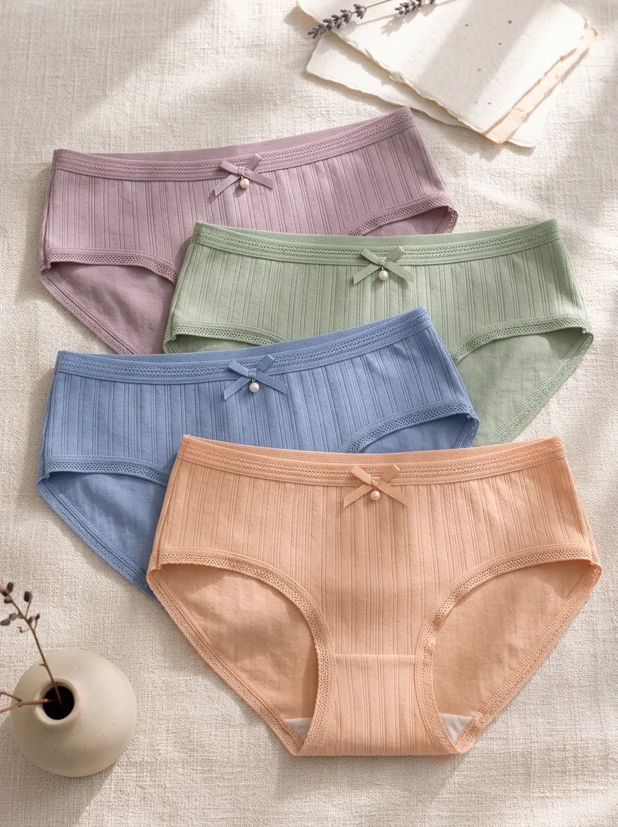 Women's Ribbed Bowknot Pearl Embellished Multi-color Panties Set
