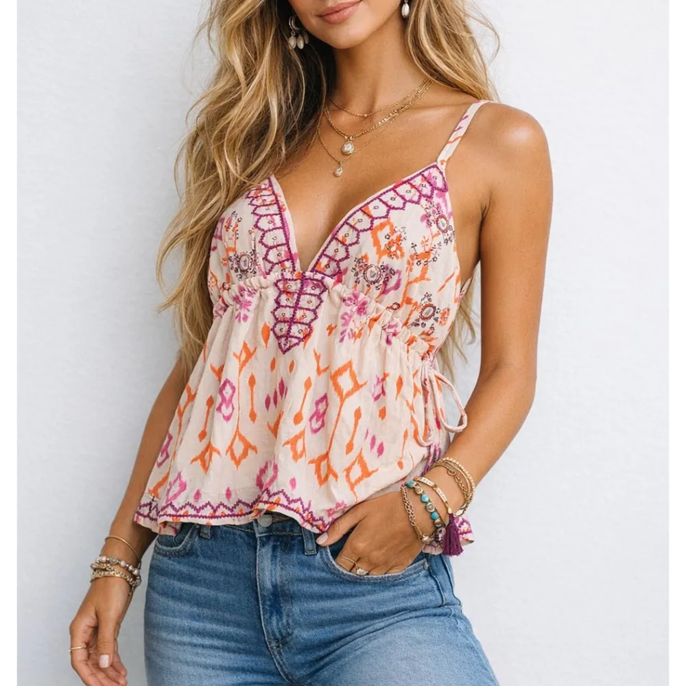 Boho V Neck Embroidery Drawstring Cami Top