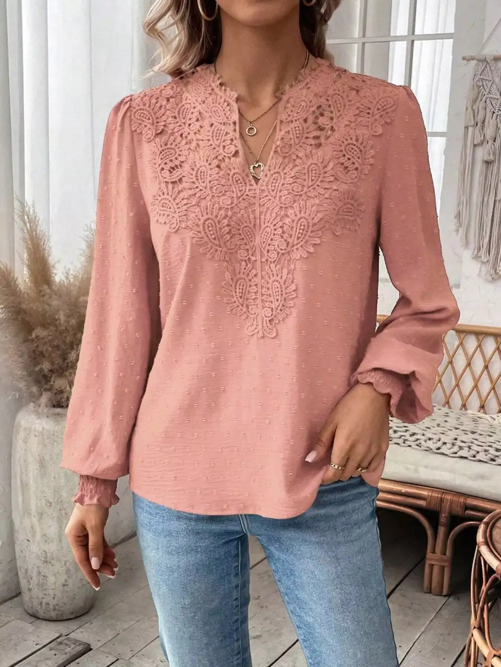 Swiss Dot Lace Detail Long Sleeve Blouse