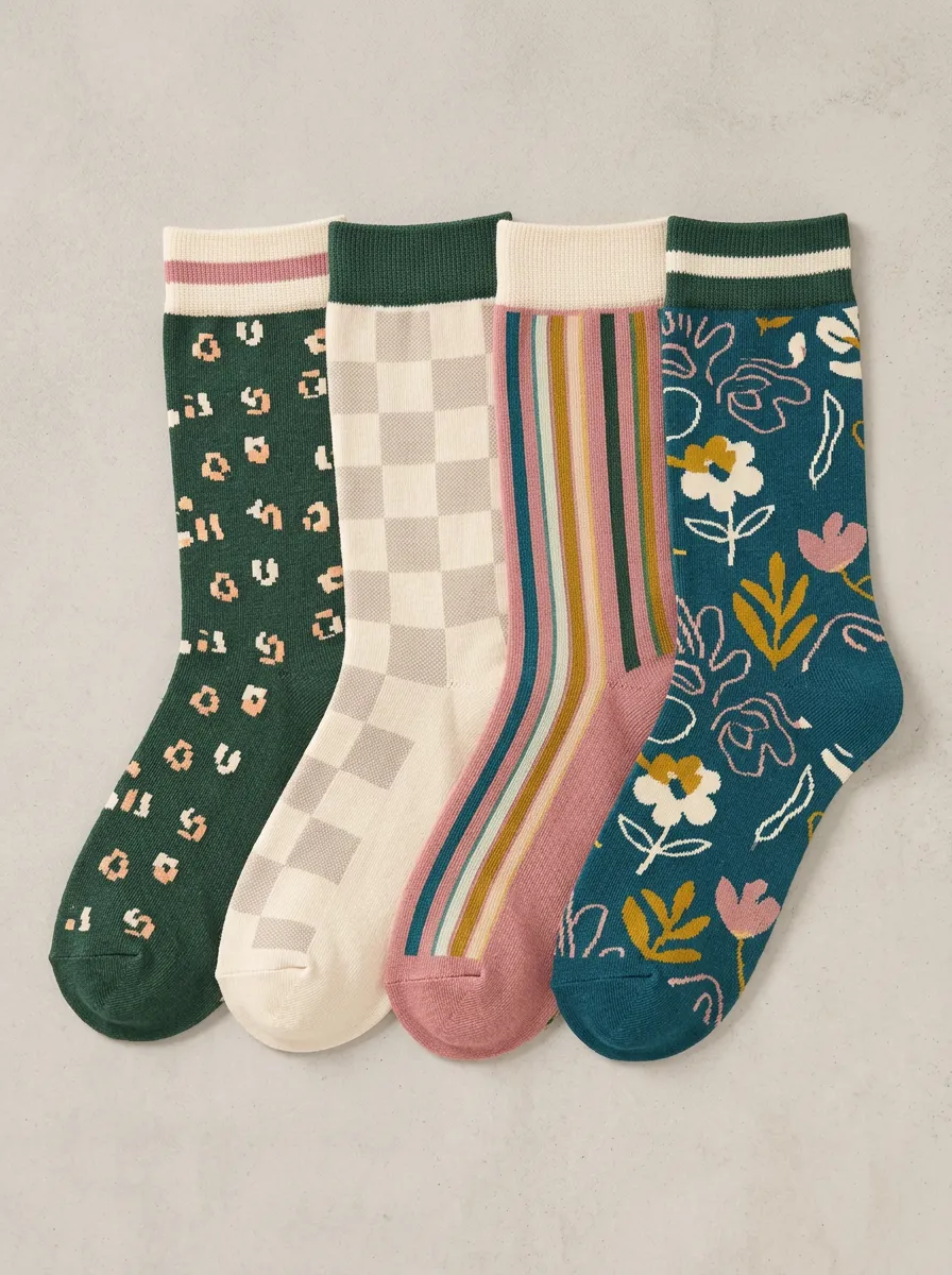Practical Floral Striped Modern Look Women's Four Pair Socks