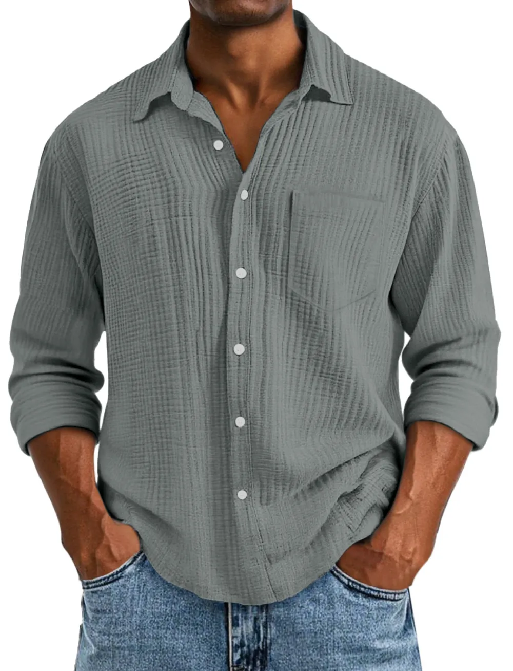 Long Sleeve Open Collar Pleated Front Shirt