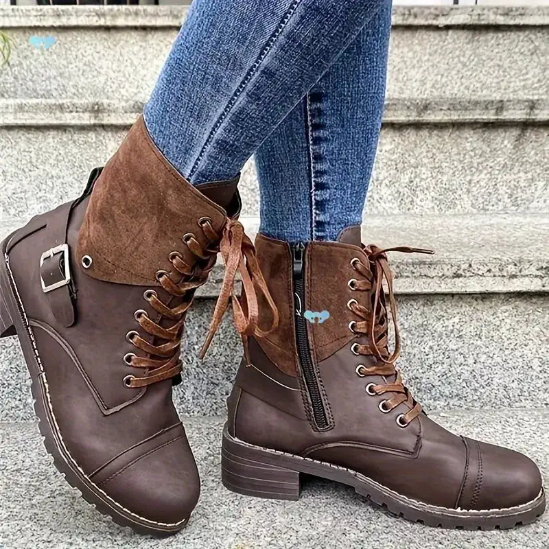 Relaxed Lace Up Block Heels Boots