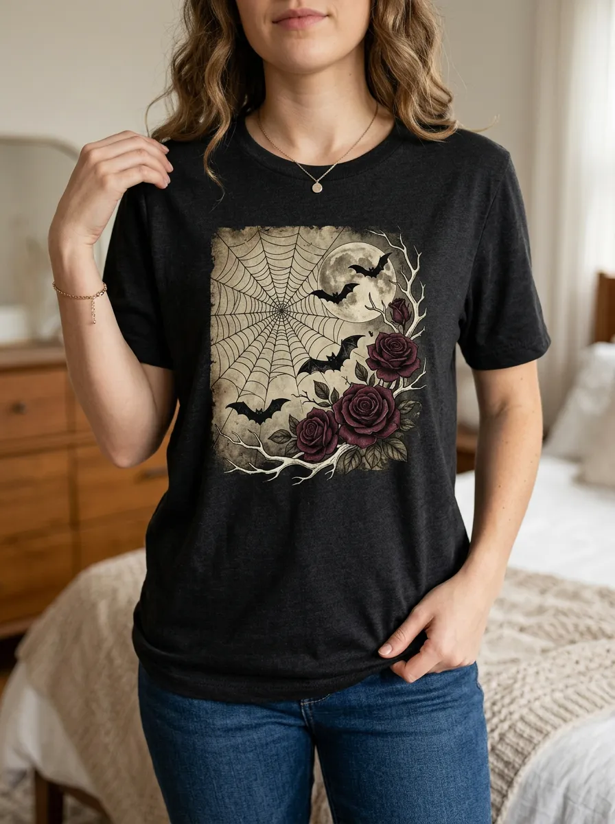 Women's Halloween Gothic Moon Bat Rose Spiderweb Printed T-shirt