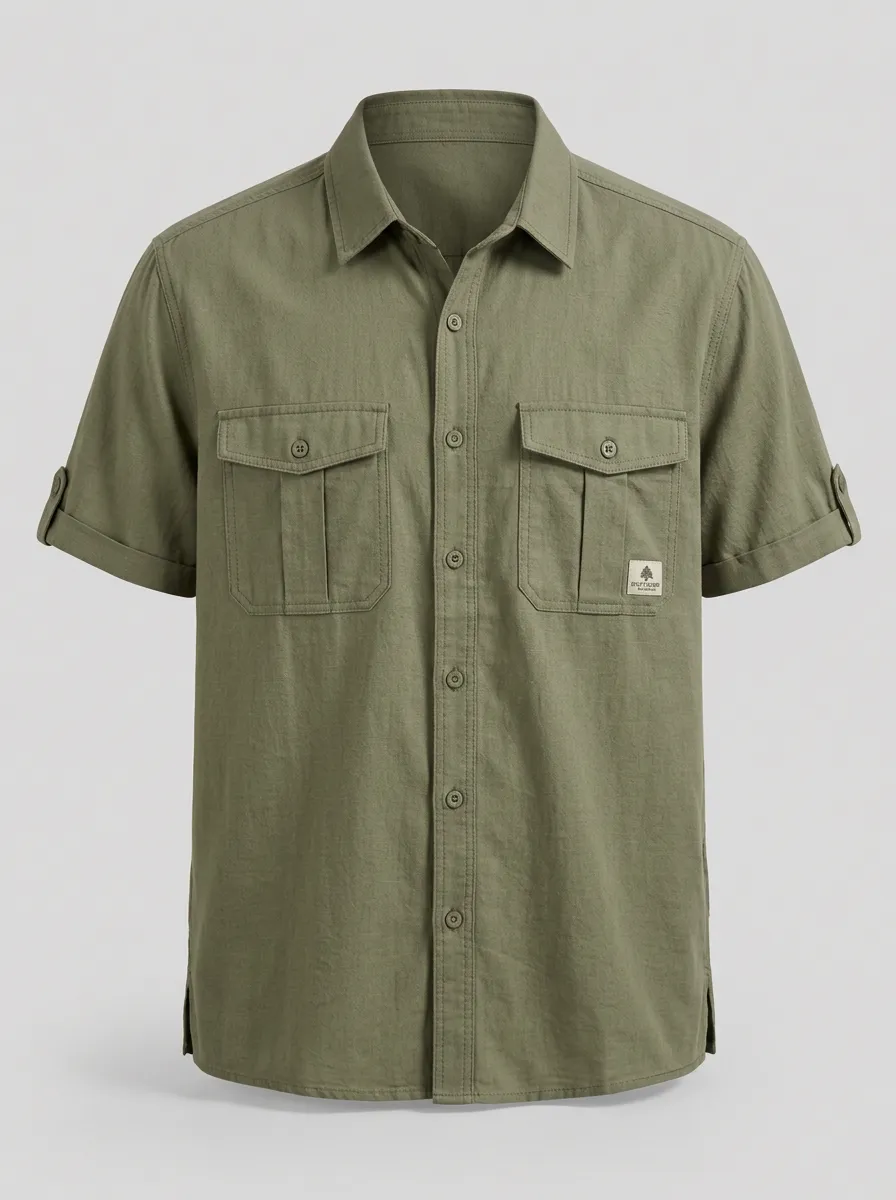 Men's Olive Green Utility Short-Sleeve Shirt - Design D