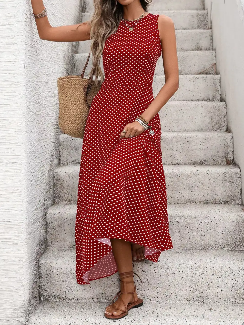 Polka Dot Sleeveless Maxi Dress
