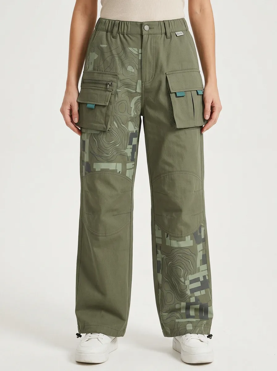 Women's Olive Green Graphic Panel Cargo Pants
