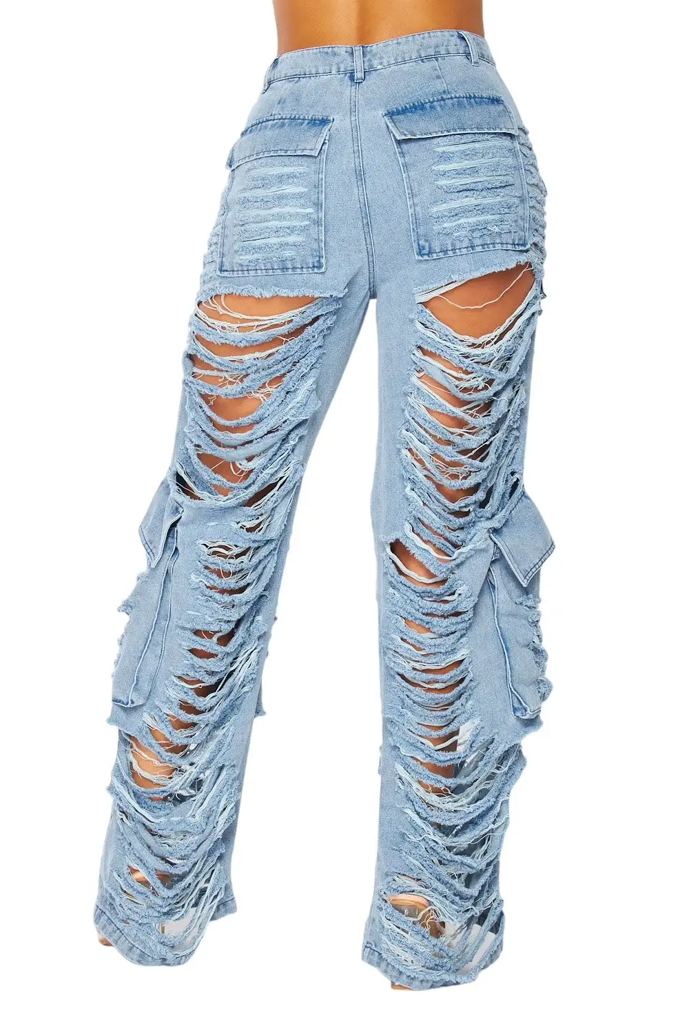 Women's Wide Leg Distressed Denim Cargo Pants