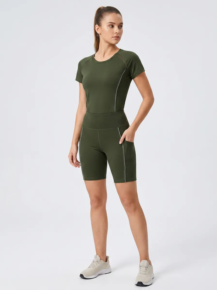 Women's Olive Green Athletic Mesh Pocketed Yoga Workout Set