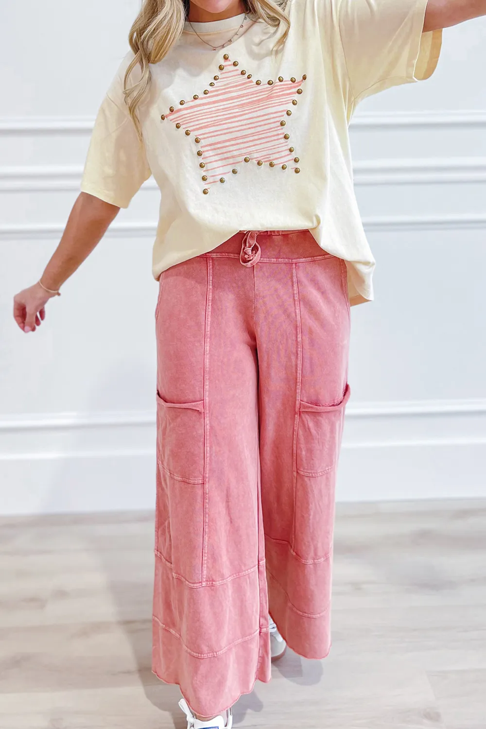 Beige Star Print Stud Detail Top