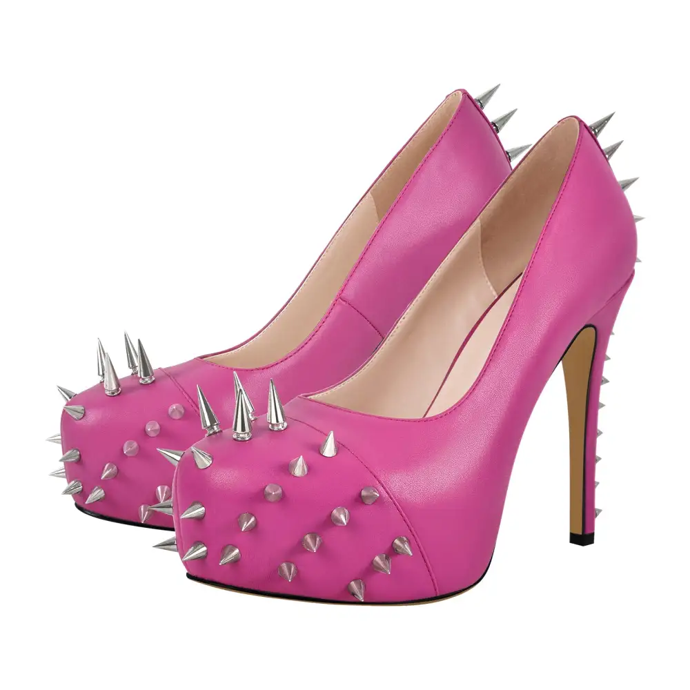 Rivet Round Toe Platform Stiletto Buckle Strap Pumps