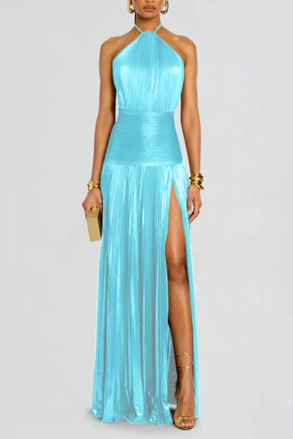  Halter Neck Pleated Satin Maxi Dress