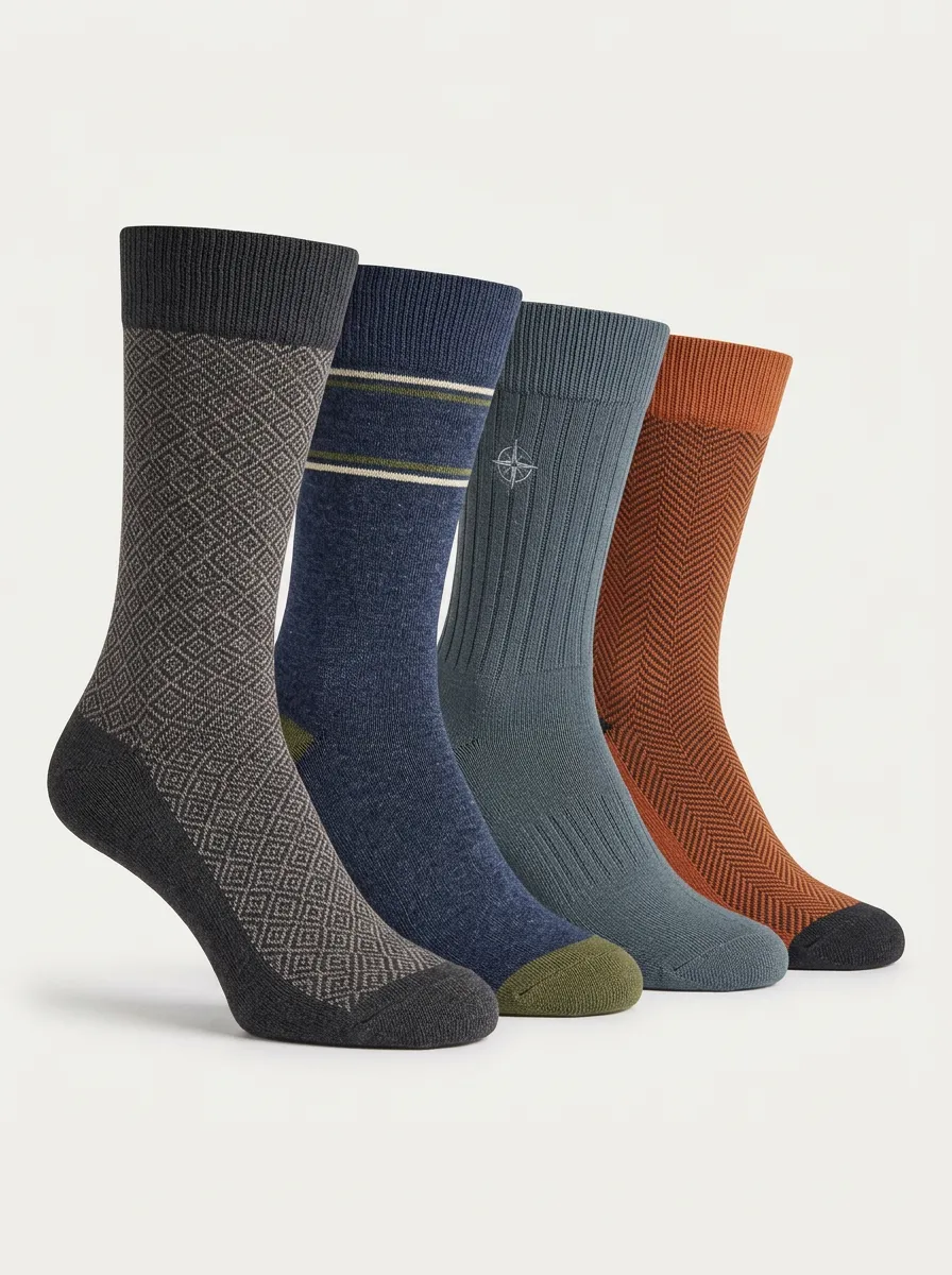 Men's Crew Socks Four-Pair Pack with Compass Motif Striped Geometric Embroidered Detail