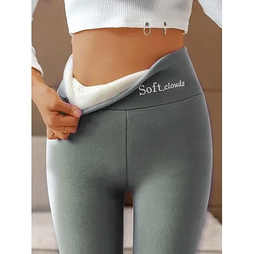 Women's Fleece Lined Leggings Leggings Cozy Fleece Lined Fashion Comfort Full Length High Waist Letter Patchwork Thermal Warm Soft Breathable Micro-elastic Casual Daily Outdoor Black Gray Fall Winter