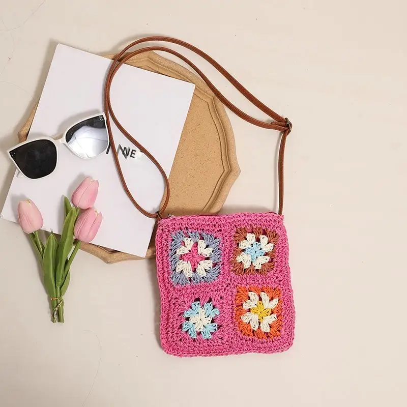 Woven Hollow Flower Crossbody Straw Bag Retro Square