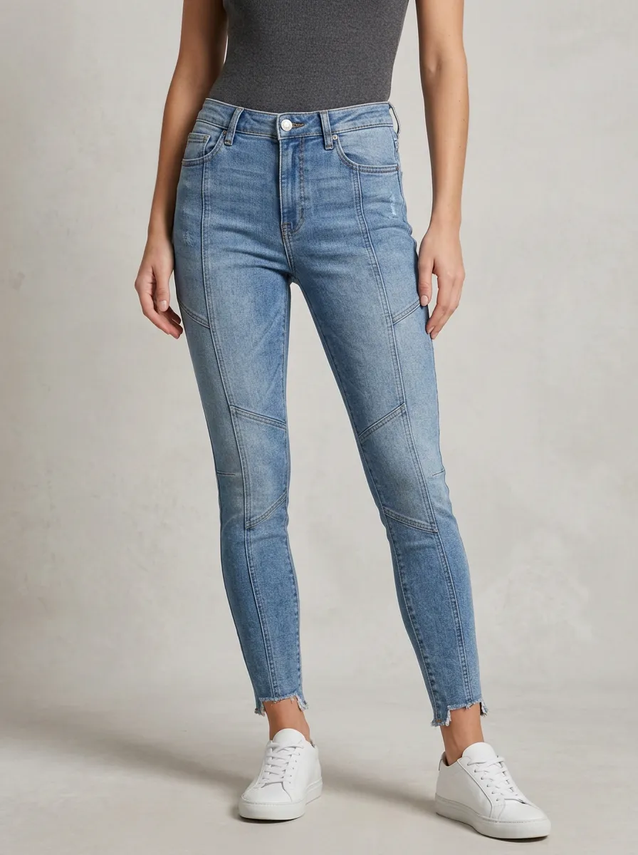 Women's Casual Fashion High-Waisted Paneled Raw Hem Skinny Jeans