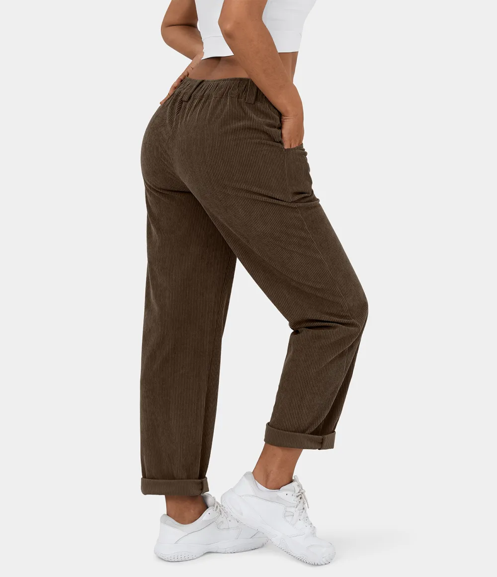 Mid Rise Button Zipper Side Pocket Corduroy Casual Pants
