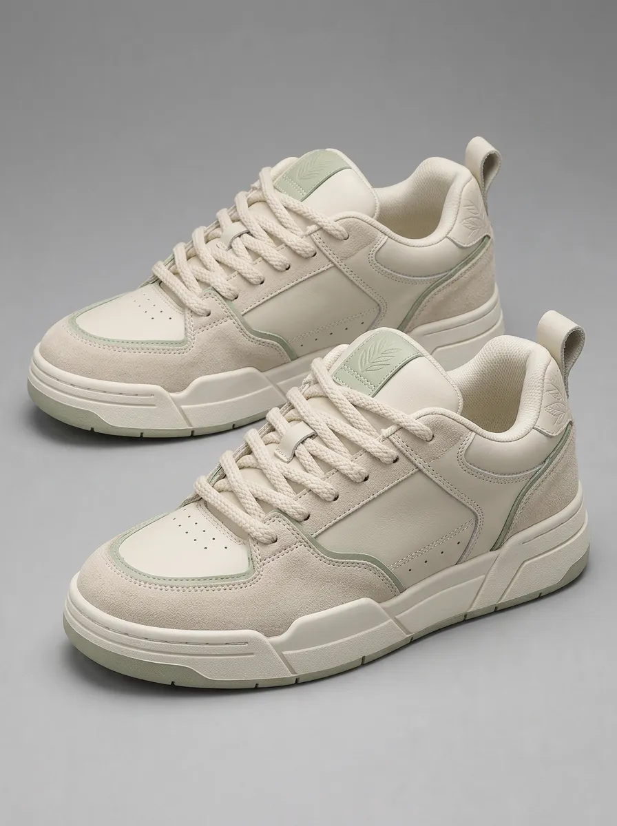 Men's Minimalist Leaf Logo Beige Suede Printed Sneakers