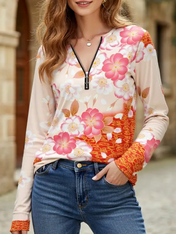 Geometric V-Neck Zip-Up Regular Top