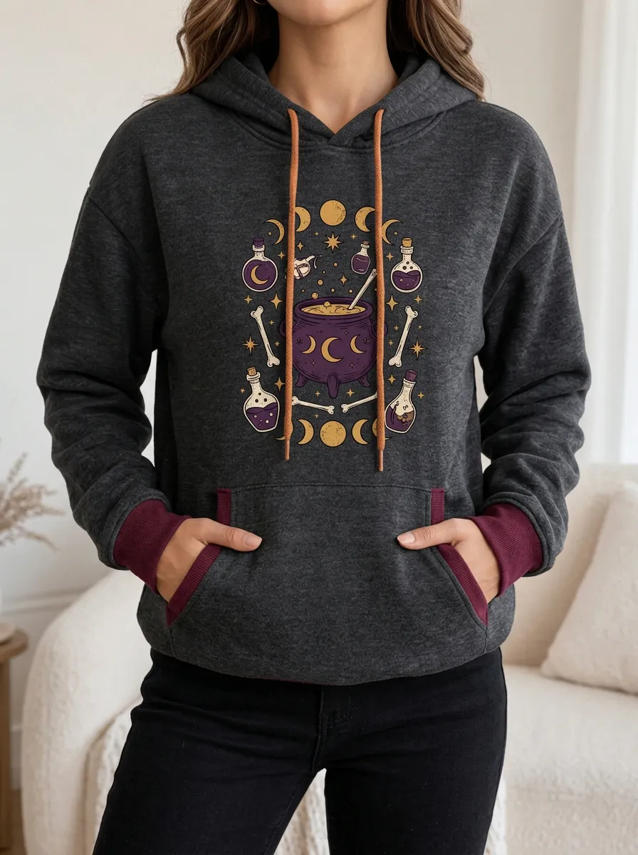 Women's Halloween Witch Cauldron Potion Bones Printed Hoodie