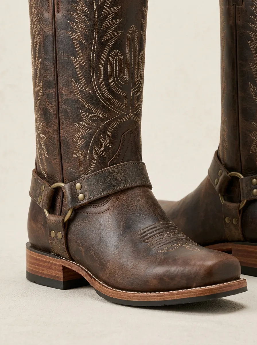 Men's Western Cowboy Cactus Embroidered Leather Boots