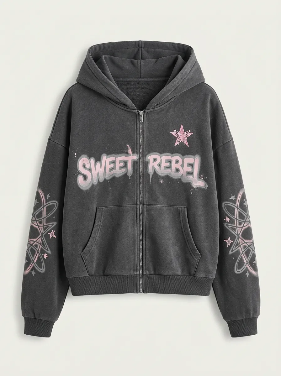 Women's Streetwear Sweet Butterfly Star Printed Zip-up Hoodie