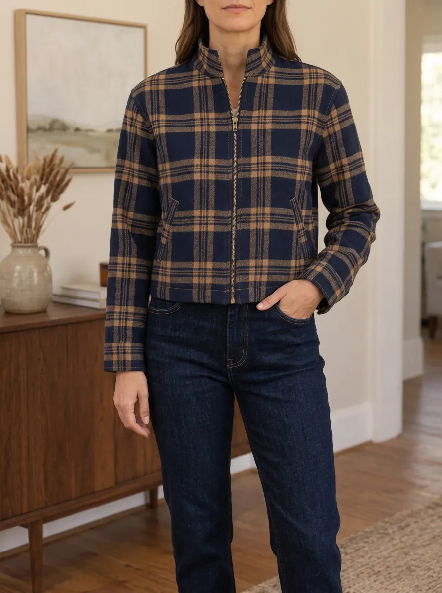 Women's Easygoing Plaid Stand Collar Cropped Jacket