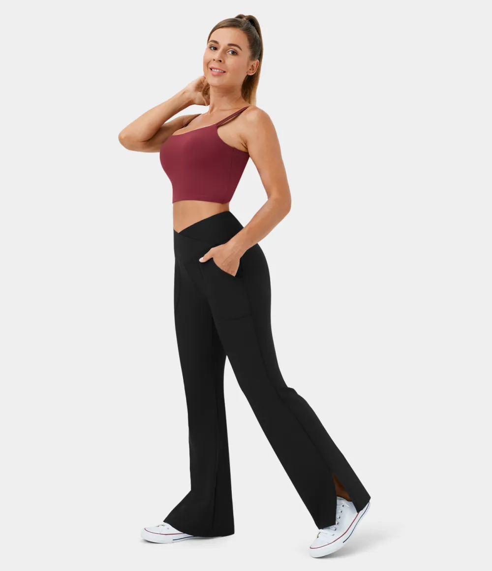 Patitoff Flow Pet Hair Resistant Crossover Pocket Split Hem Yoga Flare Leggings-Smile