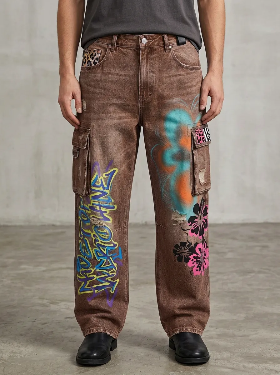 Men's Streetwear Graffiti Floral Graphic Cargo Jeans