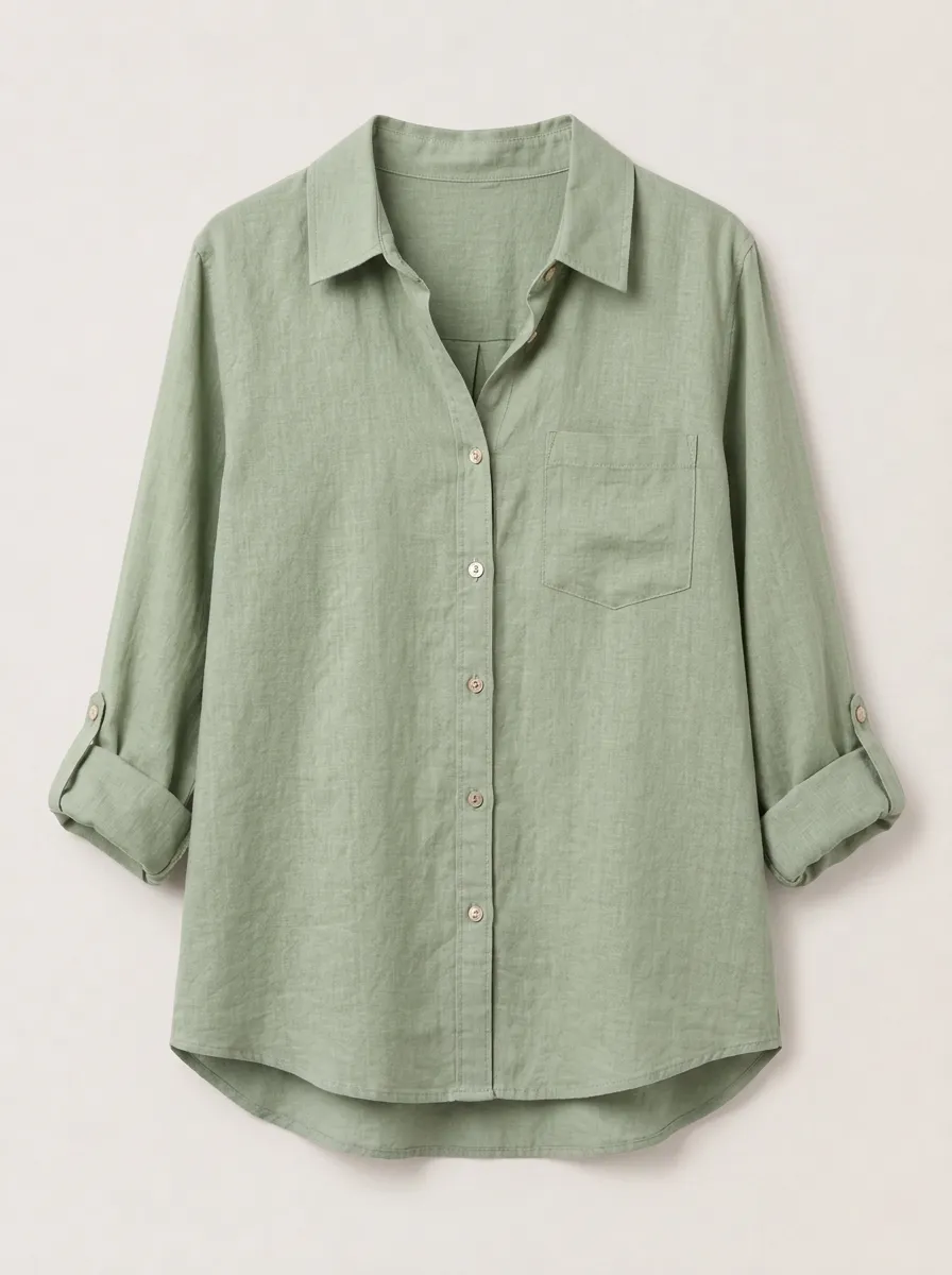 Women's Casual Sage Green Cotton Linen Roll-Tab Sleeve Shirt