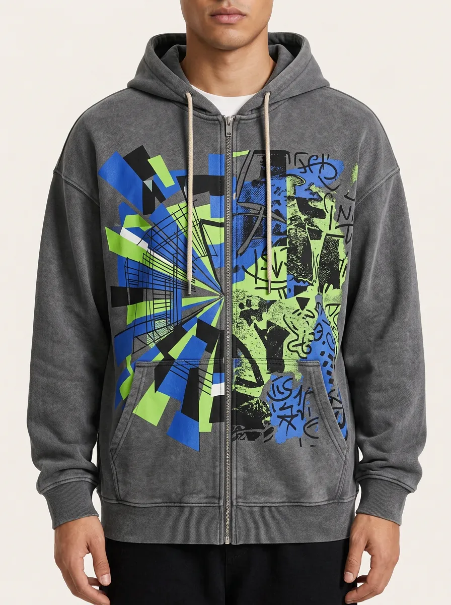 Men's Streetwear Abstract Graffiti Printed Zip Up Hoodie