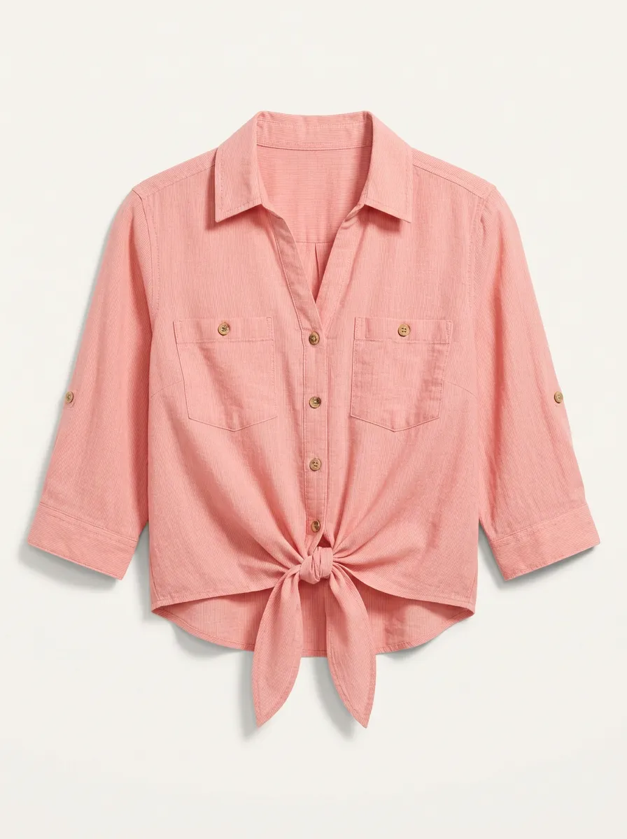 Women's Pink Corduroy Tie-Front Button Down Top