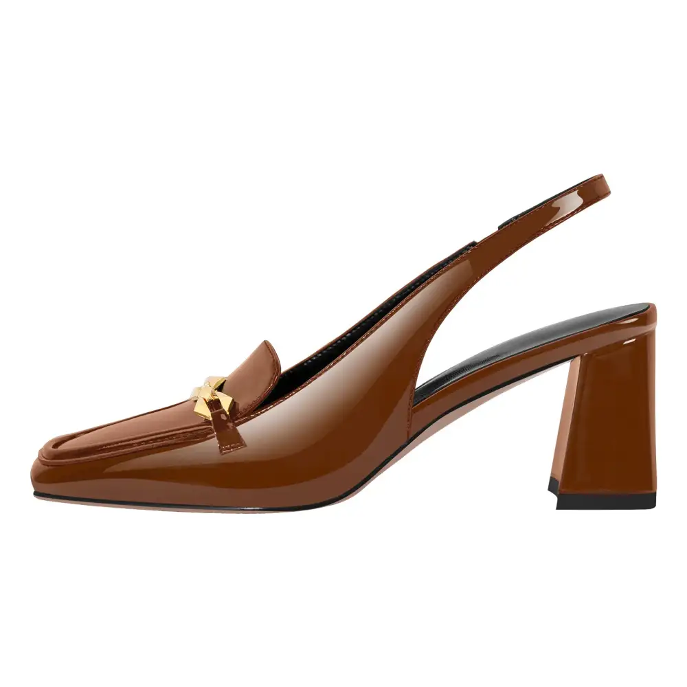 Patent Finish Square Toe Chunky Heel Slingback Pumps