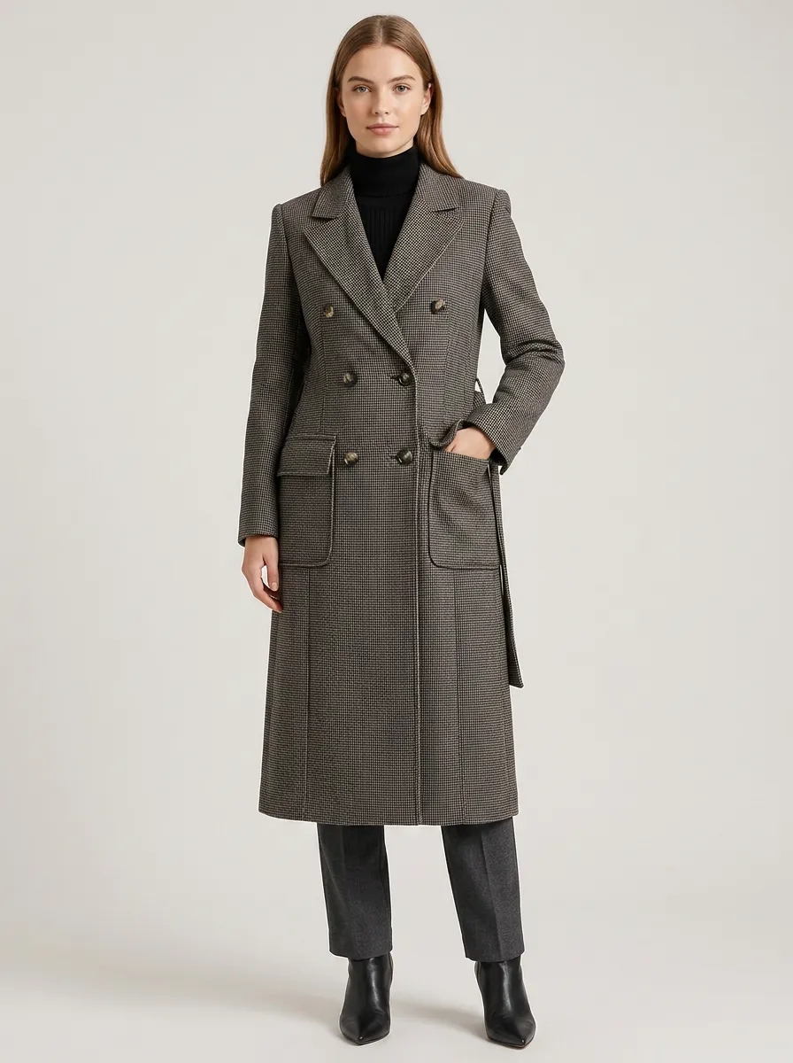 Women's Classic Business Houndstooth Patterned Double-Breasted Trench Coat