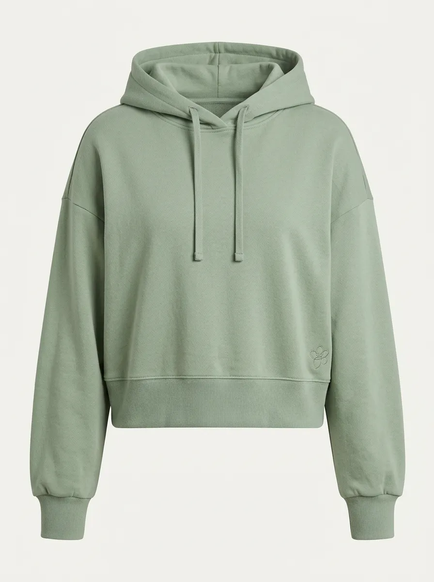 Women's Minimalist Sage Green Flower Embroidered Cropped Hoodie