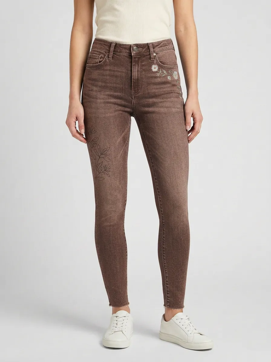 Women's Floral Nature Daisy Leaf Printed Slim Jeans
