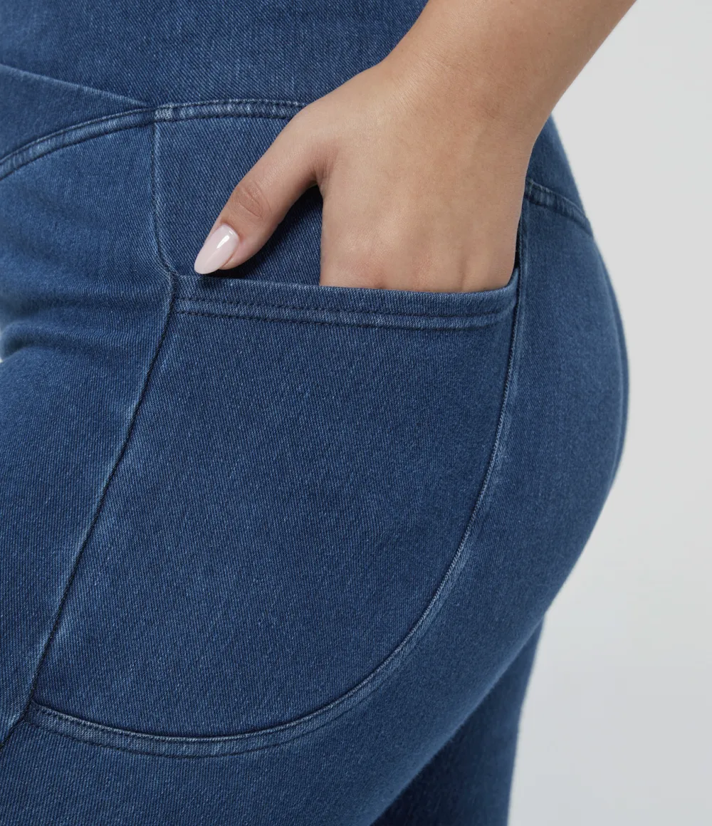 Magic Crossover Side Pocket Washed Stretchy Knit Denim Work Plus Size Leggings